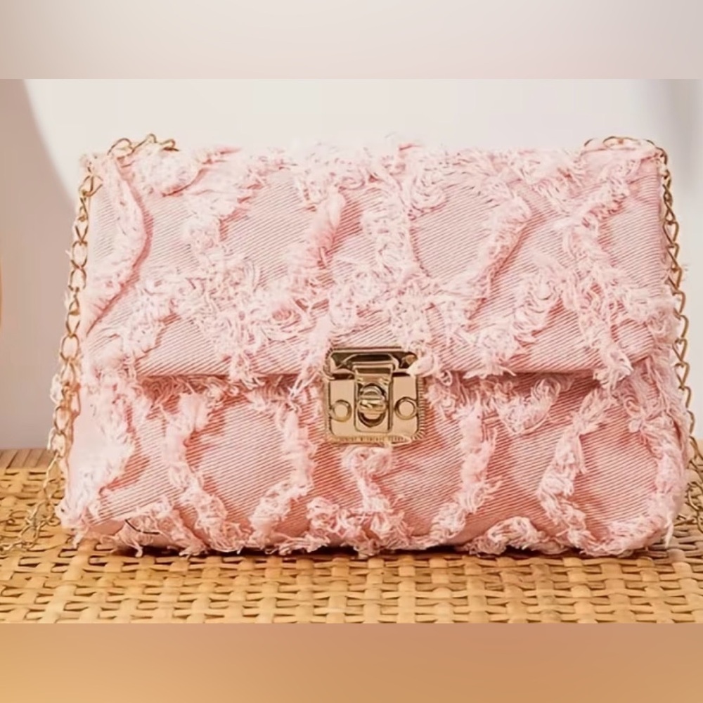 Chic Pink Textured Clutch with Gold Chain denim pink